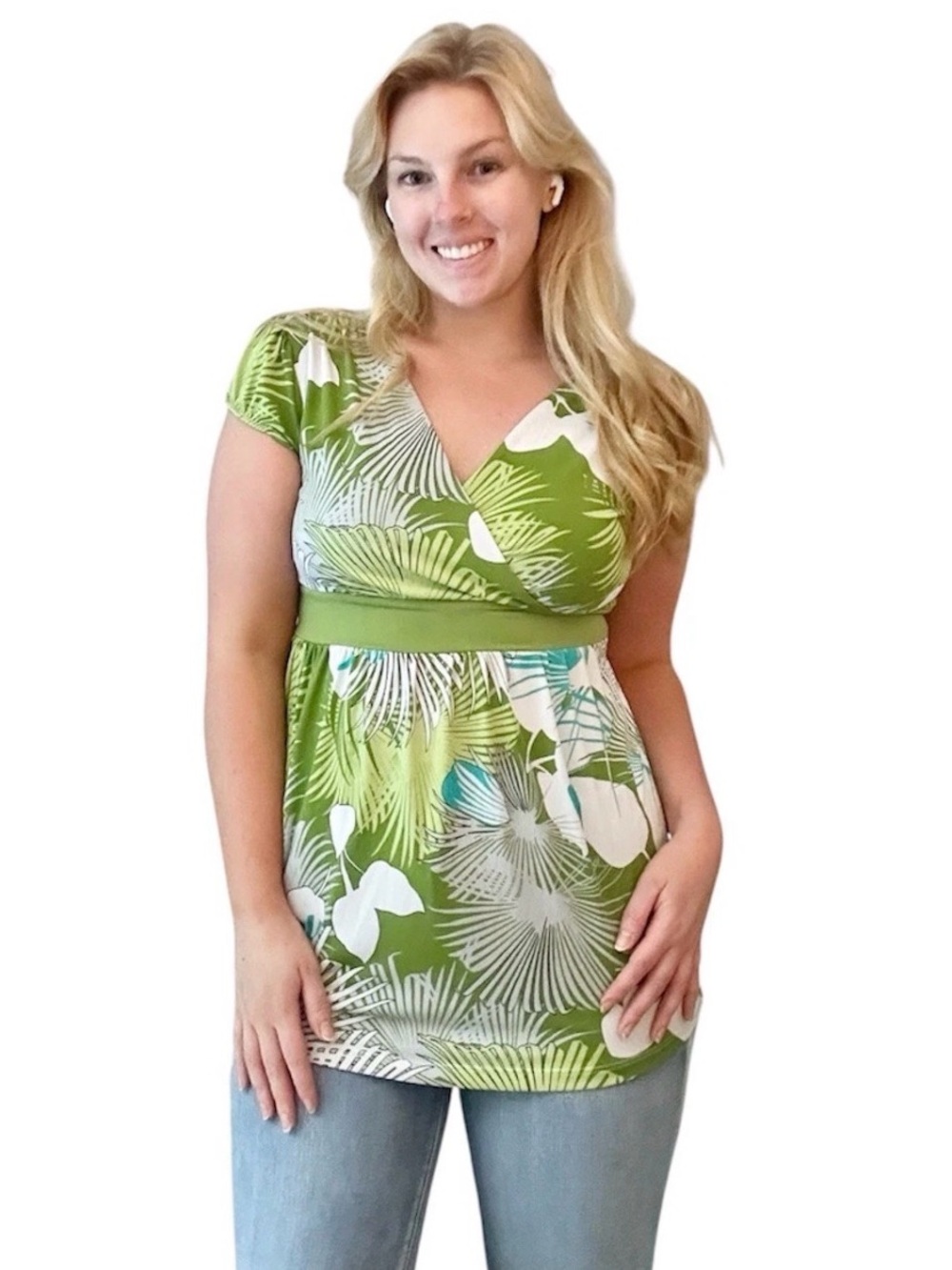 Cha Cha Vente Women’s M Cap Sleeve V-Neck Green Y2K Shirt Faux Wrap Floral